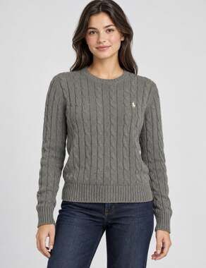 Vintage Polo Ralph Lauren Womens Medium Gray Cable Knit Crewneck Sweater Pony Lo